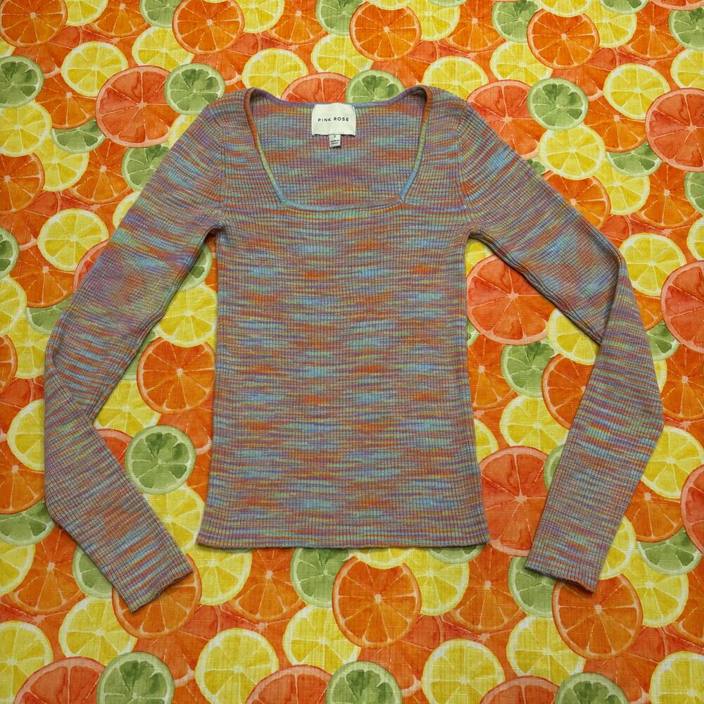Pink Rose Multicolor Space Dye Square Neck Top S